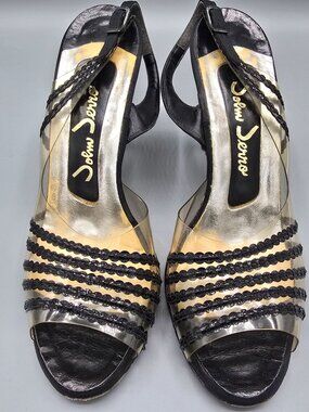 Vintage 1960s John Jerro Clear Vinyl & Black Slingback Stiletto Heels (8.5AA)